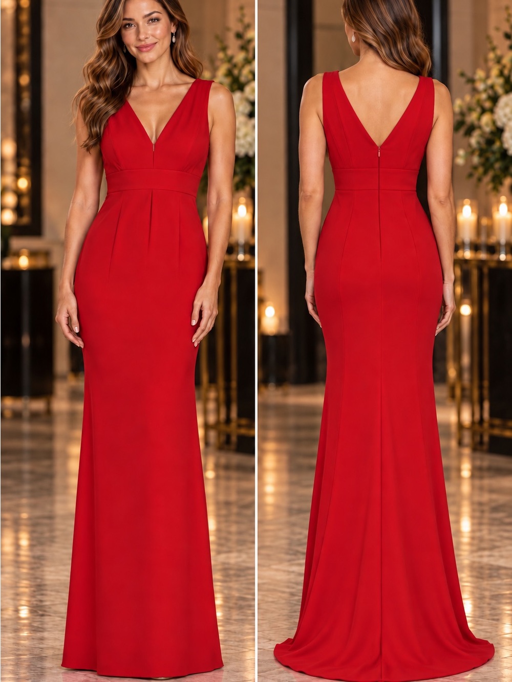 Badgley Mischka Red V-Neck Gown